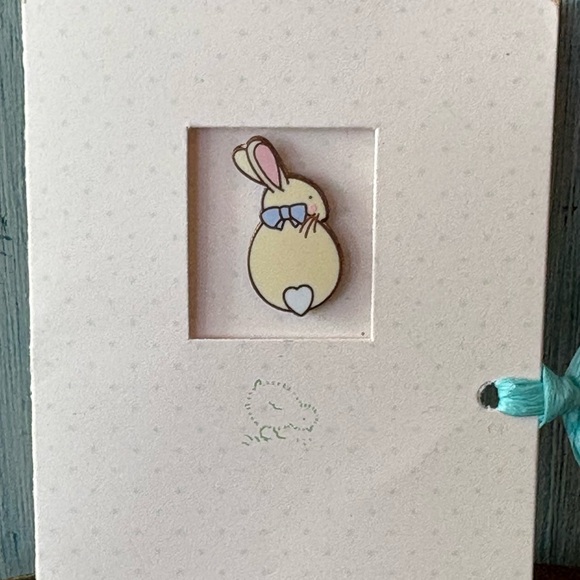 Tiny little bunny pin with pink ears, a blue bow, and white “heart” cottontail - Picture 9 of 12